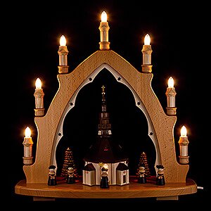 Candle Arches Illuminated inside Light Triangle - Seiffen Church with Carolers - 42x44 cm / 16.5x17.3 inch