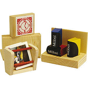 Wooden Toys Doll's Houses Newspaper Rack, Clock and Books