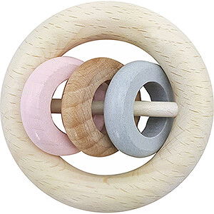 Wooden Toys For the Youngest Round Rattle 3 Rings, Natural Pink - 8,5 cm / 3.3 inch