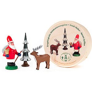 Small Figures & Ornaments Santa Claus Santa Claus, Tree and Deer in Wood Chip Box - 5,5 cm / 2.2 inch
