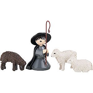Specials Shepherd kneeling with 3 Sheep, Colored - 7 cm / 2.8 inch