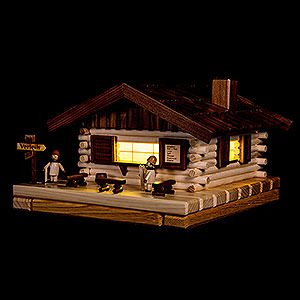 World of Light Lighted Houses Smoking Lighted House - Ski Hut with Figurines - 17x31 cm / 6.7x12.2 inch