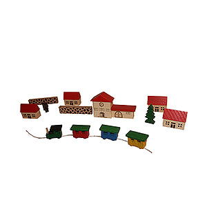 Wooden Toys Construction games Bauspiele Village With Train Station In A Net Bag - 5 cm / 2 inch
