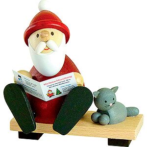 Kleine Figuren & Miniaturen Weihnachtsmann Weihnachtsmann auf Bank mit Zeitung und Katze - 9 cm