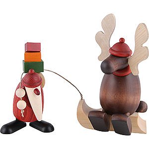 Kleine Figuren & Miniaturen Björn Köhler Weihnachtsfrauen kl. Weihnachtsmann mit Faultier (Elch auf Schlitten) - 15,5 cm