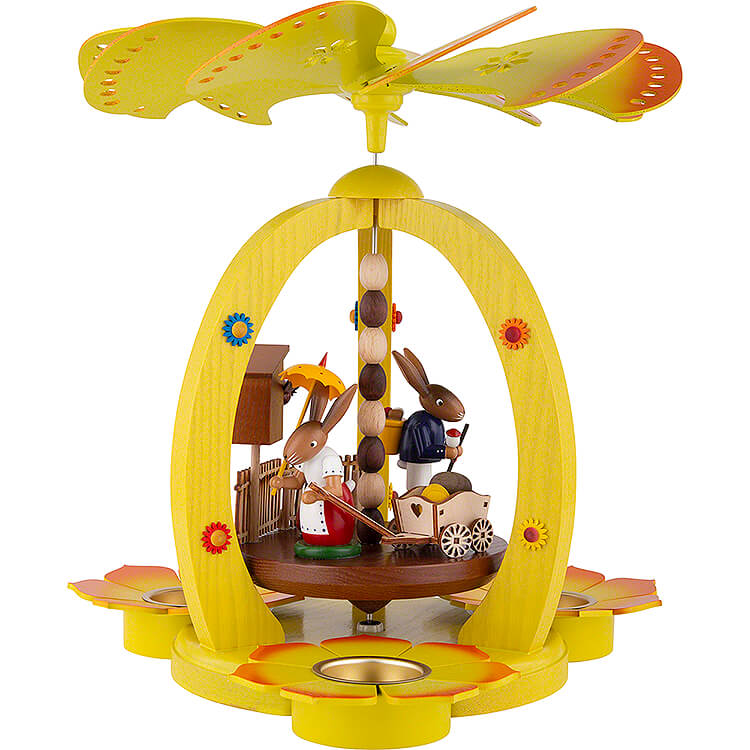 1 - stckige Osterpyramide bunt mit zwei Hasen und Handwagen  -  28cm