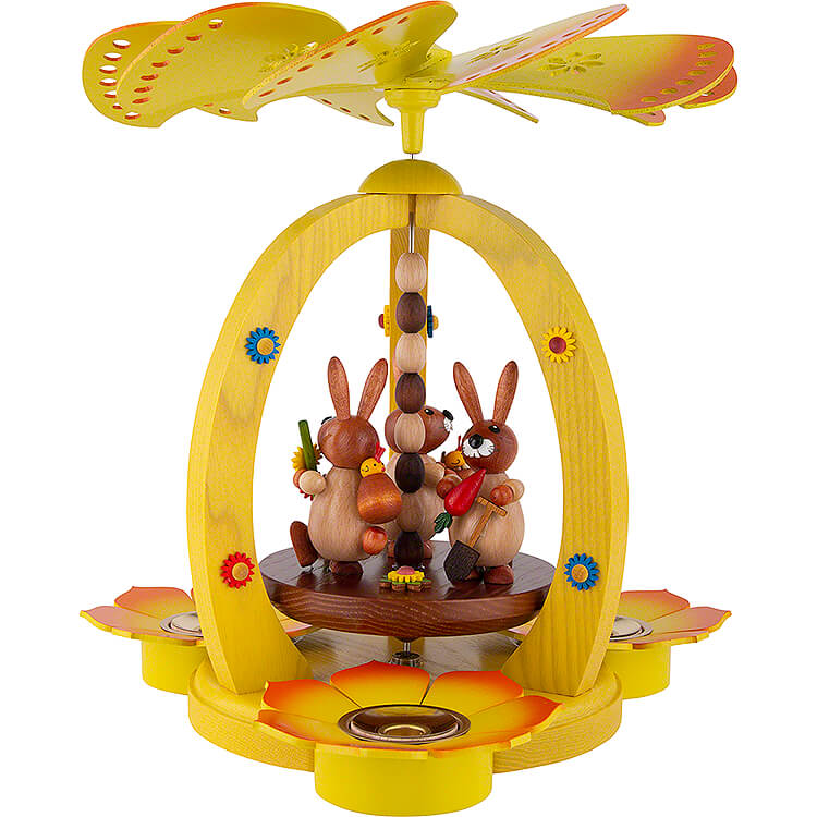 1 - stckige Osterpyramide mit drei Hasen  -  gelb  -  29cm