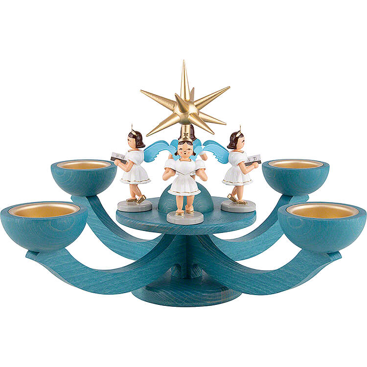 Candle Holder  -  Advent Blue, with Tea Candle Holder  -  and Four Standing Angels  -  31x31cm / 12.2x12.2 inch