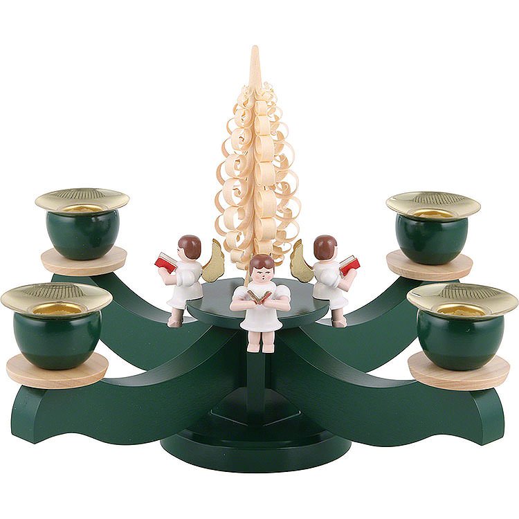 Candle Holder  -  Advent Four Sitting Angels with Wood Chip Tree  -  22x19cm / 8.7x7.5 inch