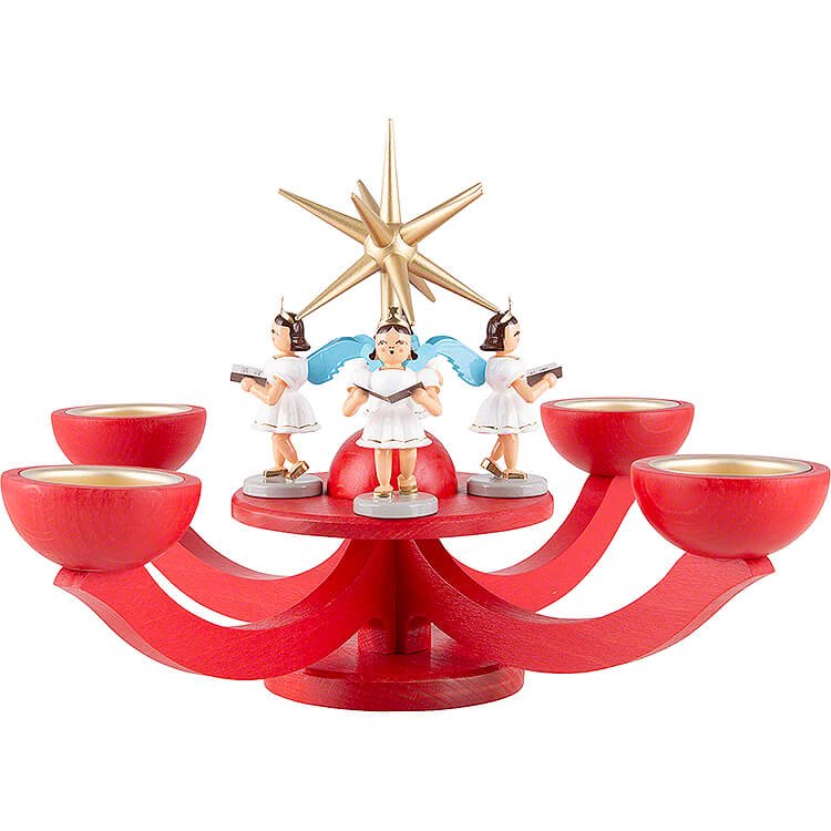 Candle Holder  -  Advent Red, with Tea Candle Holder  -  and Four Standing Angels  -  31x31cm / 12.2x12.2 inch