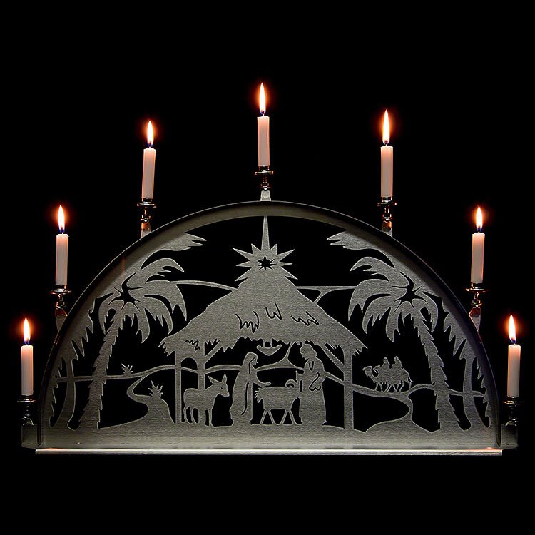 Edelstahl - Schwibbogen mit Edelstahl - Kerzenhaltern für Innen  -  Christi Geburt  -  60x35cm