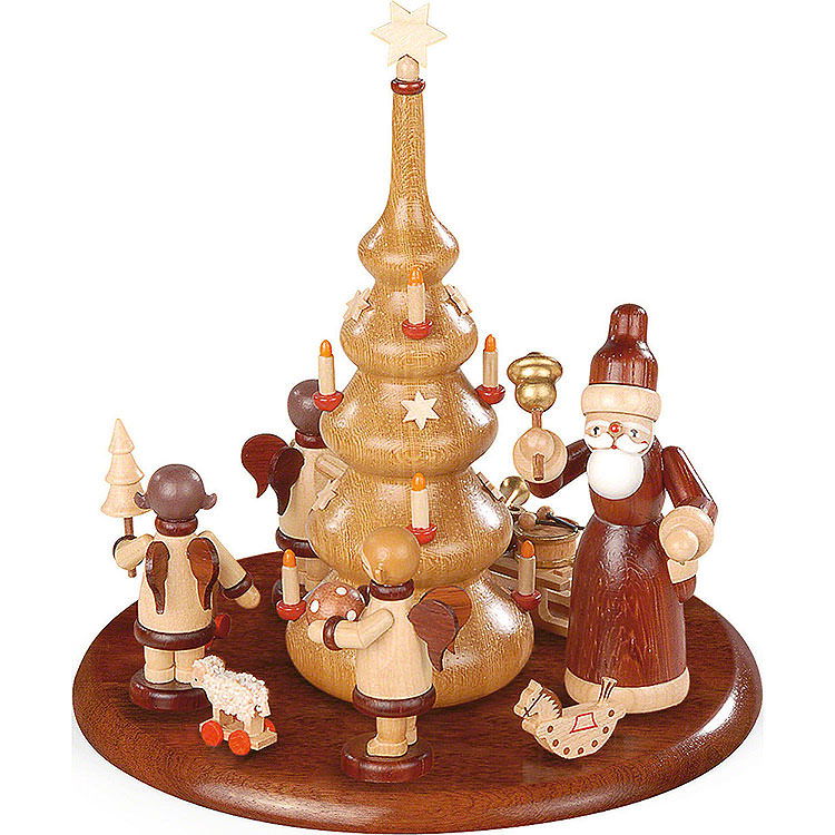 Motivplattform fr elektr. Spieldose  -  Weihnachtsmann und Geschenkeengel natur  -  15cm