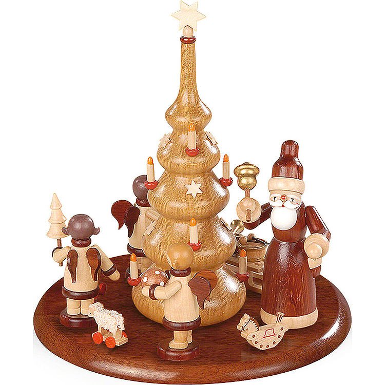 Motivplattform für elektr. Spieldose  -  Weihnachtsmann und Geschenkeengel natur  -  15cm