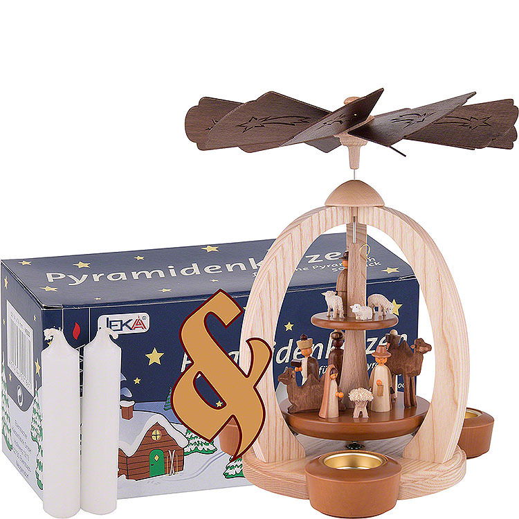 Set 2 - stckige Pyramide Christi Geburt und eine Packung weie Kerzen