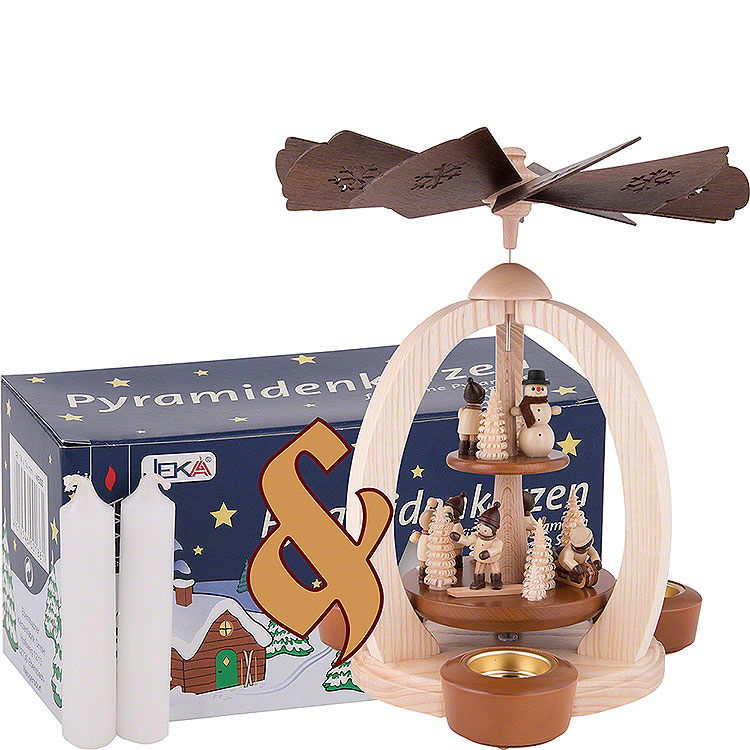 Set 2 - stckige Pyramide Winterkinder und eine Packung weie Kerzen