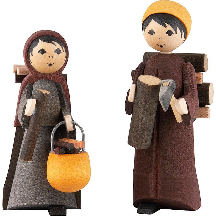 Woodmaker Couple, Set of Two, Stained  -  7cm / 2.8 inch