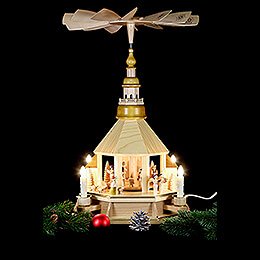 1-Tier Pyramid - Church of Seiffen, Natural Wood - 52 cm / 20.5 inch
