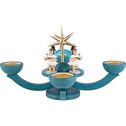 Adventsleuchter blau, mit Teelichthalter und 4 stehenden Engeln - 31x31 cm