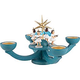 Candle Holder - Advent Blue, with Tea Candle Holder - and Four Standing Angels - 31x31 cm / 12.2x12.2 inch