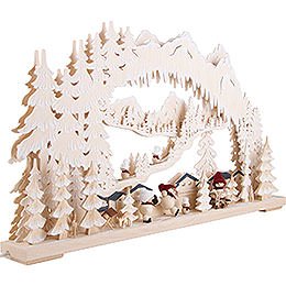 3D-Schwibbogen Wintersport mit Snowmollis und Raureif - 72x43 cm