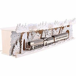 Illuminated Stand 'Train Ride Through the Ore Mountains' with Snow - 75x20x15 cm / 29.5x7.9x5.9 inch
