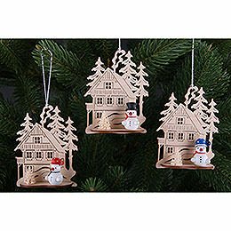 Tree Ornament - Forest House with Mini Snowman, Set of Three - 9x8 cm / 3.5x3. inch