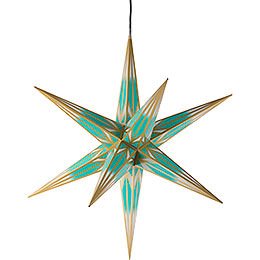 Hasslau Christmas Star - Turquoise/White with Golden Pattern and Lighting - 75 cm / 30 inch -  Inside/Outside Use
