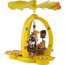 1-Tier Easter Pyramid Yellow with two Bunnies and Handcart - 28 cm / 11 inch