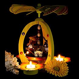 1-Tier Easter Pyramid Yellow with two Bunnies and Handcart - 28 cm / 11 inch