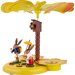 1-Tier Easter Pyramid Yellow with two Bunnies with Pannier and Umbrella - 20 cm / 7.9 inch