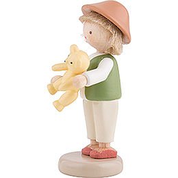 Flax Haired Children Boy with Teddy Bear - 5 cm / 2 inch