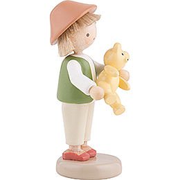 Flax Haired Children Boy with Teddy Bear - 5 cm / 2 inch
