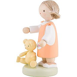 Flax Haired Children Girl with Teddy Bear - 5 cm / 2 inch
