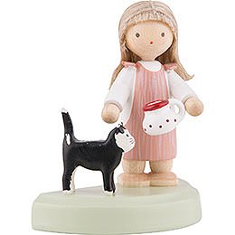 Flax Haired Children Little Girl with Black Cat - 5 cm / 2 inch