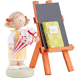 Flax Haired Children Girl with Candy Cone, Blackboard and Reader - 5 cm / 2 inch