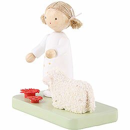 Flax Haired Children Girl with Little Lamb - 5 cm / 2 inch