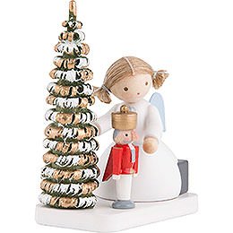 Flax Haired Angel with Nutcracker at the Christmas Tree - 5 cm / 2 inch