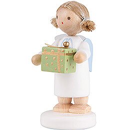 Flax Haired Angel with Christmas Gift, Green - 5 cm / 2 inch