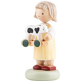 Flax Haired Children Girl with Toy Calf - 5 cm / 2 inch