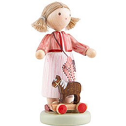 Flax Haired Children Girl with Toy Horse - 5 cm / 2 inch