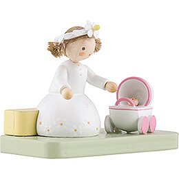 Flax Haired Children Girl with Doll Pram - Edition Flade & Friends - 4,1 cm / 1.6 inch