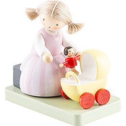Flax Haired Children Girl with Doll and Doll Carriage - 4,1 cm / 1.6 inch
