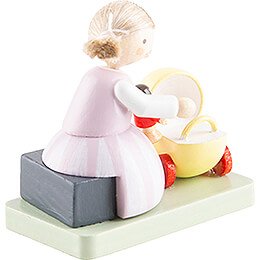 Flax Haired Children Girl with Doll and Doll Carriage - 4,1 cm / 1.6 inch