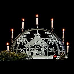 Edelstahl-Schwibbogen mit Edelstahl-Kerzenhaltern für Innen - Christi Geburt - 60x35 cm
