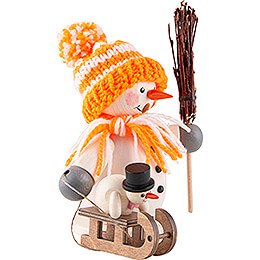Räuchermännchen Schneemann mit Schlitten und Kind orange - 15 cm
