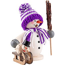 Räuchermännchen Schneemann mit Schlitten und Kind lila - 15 cm
