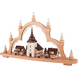 Schwibbogen Dorfkirche mit beleuchteten Häusern - 44x66 cm