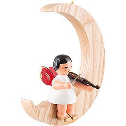 Angel with Violin - Red Wings - Sitting in Natural-Colored Moon - 16,5 cm / 6.5 inch