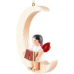 Angel with Accordion - Red Wings - Sitting in Natural-Colored Moon - 16,5 cm / 6.5 inch