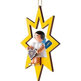 Angel with Gingerbread Heart - Blue Wings - Sitting in Yellow Star - 10,5 cm / 4.1 inch